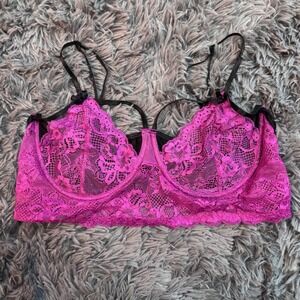 Magenta Pink Black Lace Underwire Strappy Cage Bralette Bra Womens Large euc